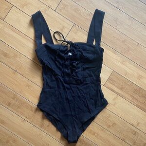 Free People Black Lace-Up Ribbed Bodysuit